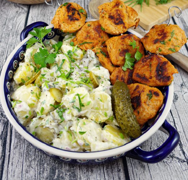 Kartoffelsalat mit orientalisch gegrillten Sojamedallions_hier kocht Alex
